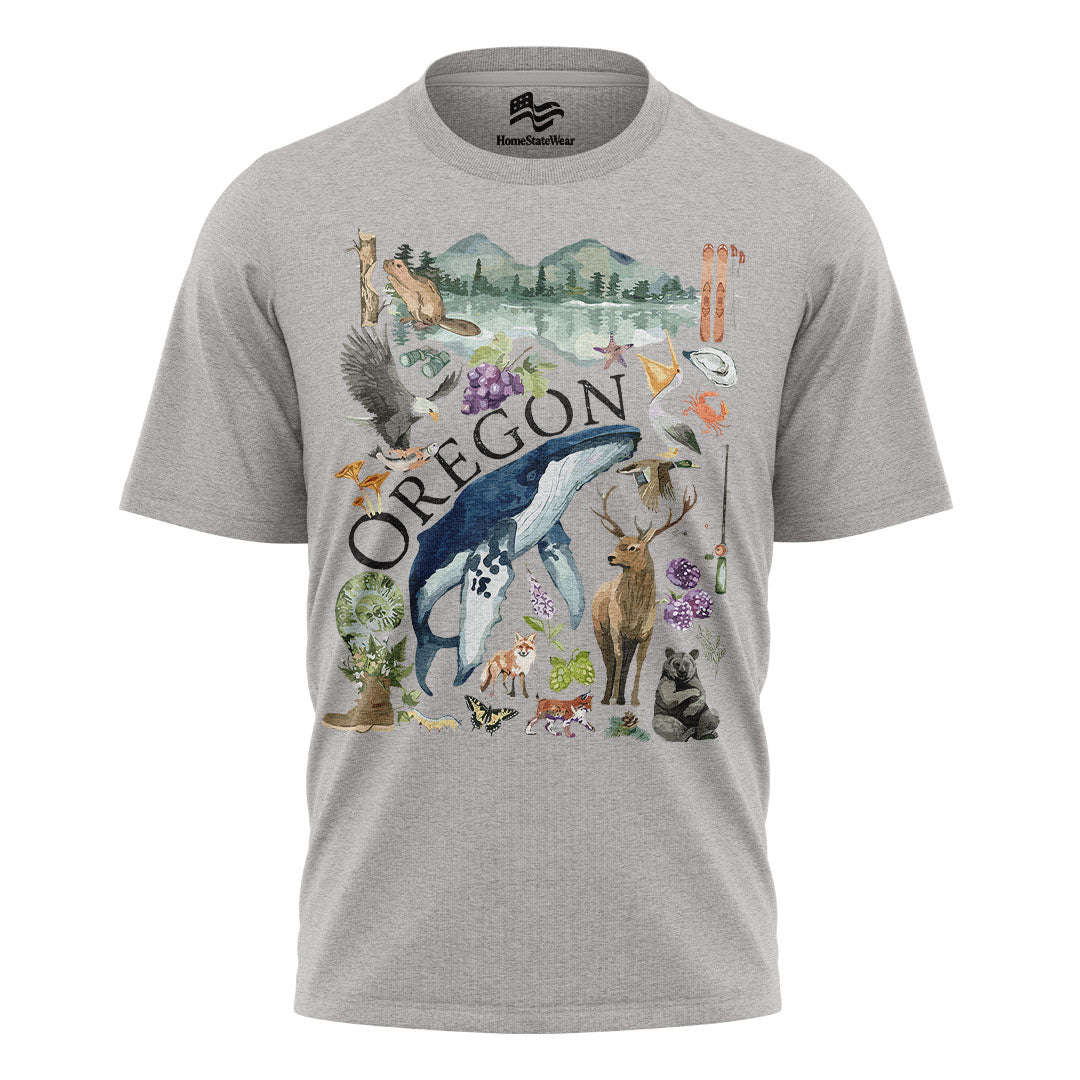 Oregon Watercolor Wildlife T-Shirt, Pacific Northwest State Pride Tee