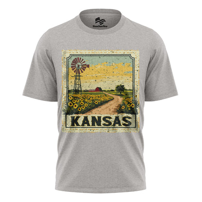 Kansas Sunflower Field Tee | Vintage Farmhouse Windmill Shirt