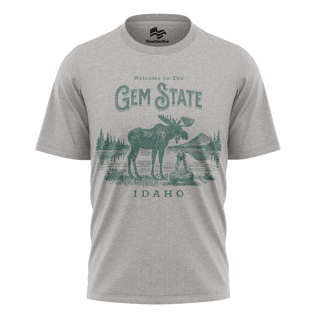 Welcome to Idaho T-Shirt, Gem State Moose Graphic Tee, Unique Travel Souvenir Gift Shirt