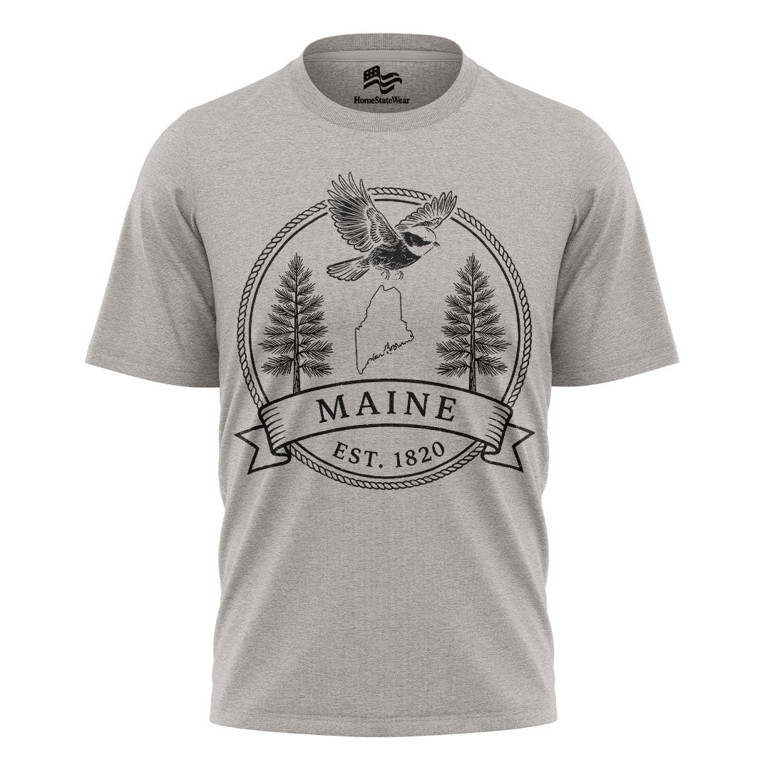 Maine Est 1820 T-Shirt | Chickadee White Pine Souvenir Tee