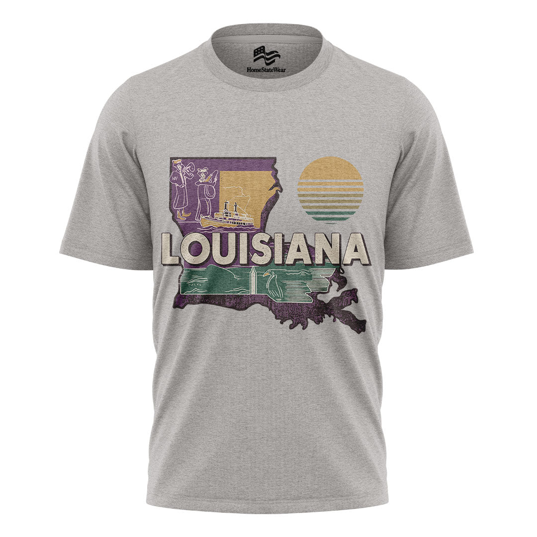 Louisiana Map T-Shirt | Retro Jazz Pelican Souvenir Tee
